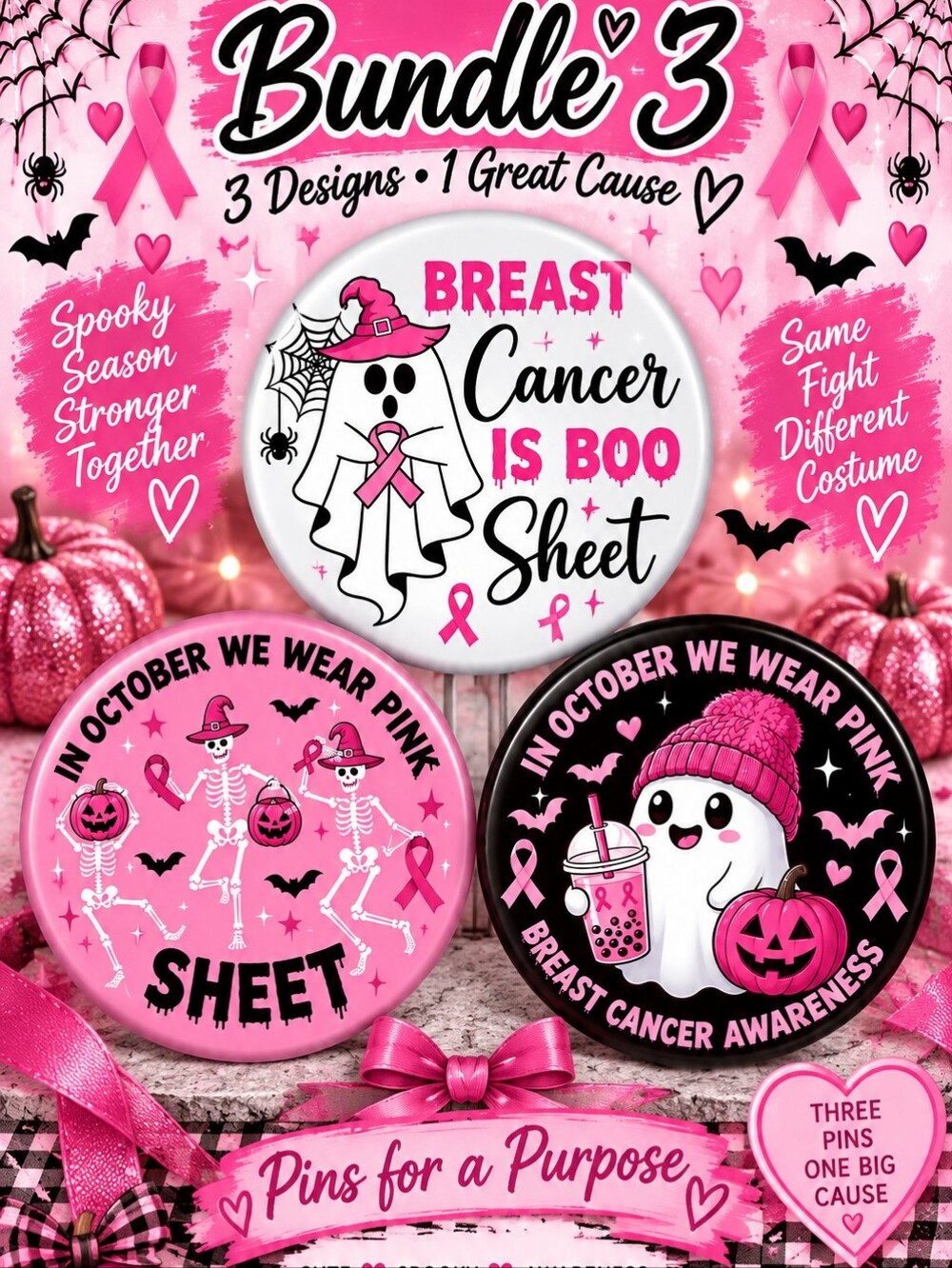 Breast Cancer Awareness Halloween Pin Bundle - Pink Ghost Designs